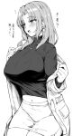  1girl absurdres blush breasts earrings greyscale highres hoop hotate-chan huge_breasts jacket jewelry labcoat long_hair long_sleeves midriff miniskirt monochrome navel necklace open_clothes open_jacket open_mouth original simple_background skirt solo sweater translated turtleneck turtleneck_sweater undressing 