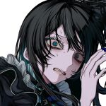  1girl ado_(utaite) aegyo_sal aishite_aishite_aishite_(vocaloid) black_dress black_gloves blue_eyes blush chando_(ado) clenched_teeth close-up commentary_request dress film_grain gloves looking_at_viewer mole mole_under_eye nervous_sweating open_mouth oyashirazu_(adochan_daisuki) simple_background solo sweat teeth thorns upper_body utaite white_background wide-eyed 