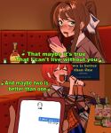  4girls blue_skirt bow brown_cardigan brown_hair cardigan doki_doki_literature_club english_commentary english_text hair_bow hair_intakes highres holding holding_phone karaoke khyle._(style) kiss long_hair long_sleeves microphone monika_(doki_doki_literature_club) multiple_girls music mykokampfwagen neck_ribbon open_cardigan open_clothes open_mouth orange_shirt phone pleated_skirt ponytail purple_hair ribbon sayori_(doki_doki_literature_club) school_uniform shirt short_hair singing sitting skirt teardrop teeth text_messaging upper_teeth_only white_bow yuri yuri_(doki_doki_literature_club) 