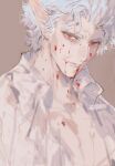  1boy astarion atmt666 baldur&#039;s_gate baldur&#039;s_gate_3 bare_pectorals blood blood_on_body blood_on_face brown_background collarbone collared_shirt dungeons_&amp;_dragons fang highres long_pointy_ears looking_to_the_side male_focus messy_hair open_clothes open_shirt pectorals pointy_ears red_eyes shirt short_hair simple_background solo thick_eyebrows upper_body vampire white_hair white_shirt 