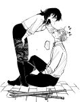  ... 1boy 1girl adam&#039;s_apple bent_over blush boots breasts closed_mouth dimitri_alexandre_blaiddyd female_byleth_(fire_emblem) fire_emblem fire_emblem:_three_houses greyscale hair_behind_ear hand_in_another&#039;s_hair hand_on_own_thigh hetero knee_up lace lace_legwear long_hair looking_at_another medium_breasts monochrome pants profile shirt shorts sitting sleeves_rolled_up smile spoken_ellipsis stone_floor suzuen sword weapon white_background 