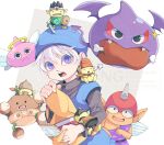  1boy 29qmatatavi 6+others aged_down angel_slime asymmetrical_dual_wielding backpack bag bat_wings black_shirt blue_hat blue_tunic boned_meat book child commentary creature creature_on_head creature_on_shoulder creature_request dark_slime_(dragon_quest) demon_tail dragon_quest dragon_quest_monsters:_terry&#039;s_wonderland dragon_quest_vi dual_wielding fangs food food_in_mouth frown halo hat holding holding_bag holding_shield holding_sword holding_weapon horns looking_at_another looking_to_the_side meat multiple_others on_shoulder open_mouth parted_hair pointy_ears purple_eyes shield shirt short_hair surprised sword symbol-only_commentary tail terry_(dq6) tunic upper_body weapon white_background white_hair wings 