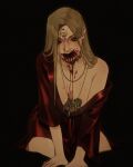  1girl bela_dimitrescu black_background blonde_hair blood blood_in_mouth breasts cleavage dress highres jewelry long_hair looking_at_viewer makeup red_dress resident_evil resident_evil_village smile solo vivi_llain yellow_eyes 