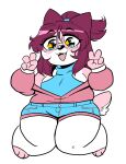 2025 3_toes 4_fingers anaugi anthro badger blue_eyes bottomwear clothed clothing denim denim_bottomwear denim_clothing denim_shorts fangs feet female fingers freckled_face freckles fur gesture hair hand_gesture hi_res hoodie legwear lgbt_pride long_hair mammal mustelid musteline nuggy_(anaugi) open_clothing open_hoodie open_mouth open_smile open_topwear pink_body pink_fur ponytail pride_colors red_hair scut_tail short_tail shorts shoulderless_sweater simple_background smile solo star_eyes starry_eyes stockings tail teeth toeless_legwear toeless_stockings toes topwear trans_(lore) trans_woman_(lore) transgender_pride_colors v_sign white_background