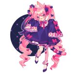  1girl animal_ear_fluff animal_ears bib_collar black_bow black_dress black_ribbon black_shoes blush bow bowtie cat_ears cat_girl cat_tail commentary dated double-parted_bangs dress dress_bow eyes_visible_through_hair fang frilled_socks frilled_thigh_strap frills full_body hair_between_eyes hair_bow hair_ribbon head_tilt high_heels highres leg_up long_hair long_sleeves low_drills open_mouth original outline ozureiji pantyhose petticoat pink_bow pink_eyes pink_hair red_bow red_bowtie ribbon shoes single_leg_pantyhose skin_fang sleeve_bow sleeves_past_fingers sleeves_past_wrists smile socks socks_over_pantyhose striped_clothes striped_pantyhose symbol-only_commentary tail tail_bow tail_ornament thigh_strap tsurime twintails very_long_hair white_outline white_socks 