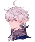  1boy alphinaud_leveilleur blue_eyes blue_jacket closed_mouth cropped_shoulders earrings elezen elf final_fantasy final_fantasy_xiv hutaba_0718 jacket jewelry long_pointy_ears looking_to_the_side low_ponytail male_focus parted_bangs piercing pointy_ears ponytail popped_collar shirt sideways_glance simple_background single_earring smile solo white_background white_hair white_shirt 