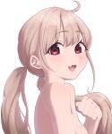 1girl absurdres ahoge baksangmin blonde_hair breasts clenched_hand fang from_side hair_lift hand_up highres light_blush long_hair looking_at_viewer looking_to_the_side low_twintails medium_breasts nude open_mouth original red_eyes simple_background skin_fang smile solo twintails upper_body white_background 