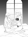  2girls absurdres barefoot bra breasts chinese_commentary commentary_request edelgard_von_hresvelg female_byleth_(fire_emblem) fire_emblem fire_emblem:_three_houses greyscale hand_on_another&#039;s_thigh highres holding_hands long_hair medium_breasts mo_(ine_mao) monochrome multiple_girls panties parted_lips scar scar_on_chest scar_on_stomach seiza sitting small_breasts strap_slip twitter_username underwear window yuri 
