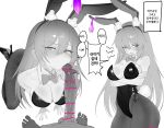  1boy 1girl absurdres alternate_costume animal_ear_fluff animal_ear_hairband animal_ears bar_censor blush bow bowtie breasts censored commentary condom detached_collar eonsang fake_animal_ears fake_tail feet girls&#039;_frontline girls&#039;_frontline_2:_exilium greyscale hairband high_heels highres kissing_penis korean_text krolik_(girls&#039;_frontline_2) large_breasts leotard monochrome multiple_views one_eye_closed open_mouth pantyhose penis playboy_bunny pov pov_crotch rabbit_ears shoes speech_bubble spot_color tail toes translation_request used_condom veins veiny_penis 