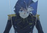  1boy absurdres alternate_universe black_coat black_shirt blue_background blue_eyes blue_hair broken_glass broken_mirror char&#039;s_counterattack coat empty_eyes film_grain gigantea_pp glass gundam high_collar highres kamille_bidan lapels long_sleeves looking_at_mirror looking_at_viewer male_focus military_uniform mirror notched_lapels parted_lips shirt short_hair shoulder_boards simple_background single_hair_intake solo upper_body 