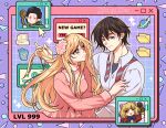  1boy 1girl black_shirt blonde_hair blue_bow blue_bowtie blue_eyes bow bowtie breasts brown_eyes brown_gloves brown_hair cat_girl cloak closed_mouth collared_shirt couple dress dual_persona earrings elf faux_retro_artstyle flower gloves green_cloak green_eyes hair_between_eyes hair_flower hair_ornament hand_in_another&#039;s_hair hetero holding holding_staff jewelry kinoshita_akane light_blush long_hair long_sleeves loose_necktie medium_breasts mroczniak_(gloomy_chuu) necktie one_eye_closed pink_dress pink_flower pointy_ears recycle_bin retro_artstyle shirt shirt_under_shirt short_hair smile staff striped_necktie upper_body white_shirt yamada-kun_to_lv999_no_koi_wo_suru yamada_akito 