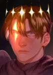  1boy black_background blonde_hair blue_eyes closed_mouth commentary diamond_(shape) dimitri_alexandre_blaiddyd english_commentary fire_emblem fire_emblem:_three_houses hair_between_eyes highres light_frown looking_up male_focus portrait short_hair short_sideburns solo viraneville 