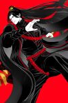  1boy black_hair black_hanfu chinese_clothes commentary_request curtained_hair feet_out_of_frame full_body hair_ornament hanfu high_ponytail highres holding holding_behind_back holding_staff holding_weapon_behind_back imminent_attack jia_qiu_(project_moon) limbus_company limited_palette line_of_action long_hair male_focus outstretched_arm ponytail project_moon really_mr_pome red_background red_scarf red_trim rope_belt scar scar_on_face scarf solo staff very_long_hair 