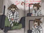 2025 4:3 5_fingers anthro bottomwear brown_body brown_eyes brown_fur canid canine canis clothed clothed_anthro clothed_male clothing comic cotton_(yshanii) dialogue digital_media_(artwork) dingo domestic_dog duo english_text female fingers footwear front_view fully_clothed fully_clothed_anthro fully_clothed_male fur green_eyes hi_res holding_object looking_at_object looking_down looking_down_at_object male mammal open_mouth open_smile pants shirt shoes sitting smile teeth text tinygaypirate tinygaypirate_(fursona) tongue topwear travel_bag