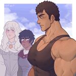  1girl 2boys armor artist_name bara berserk biceps black_hair blue_eyes brown_eyes brown_hair casca_(berserk) cloud cloudy_sky f_con feet_out_of_frame griffith_(berserk) guts_(berserk) highres large_pectorals long_hair looking_at_another looking_down manly mature_male meme multiple_boys muscular muscular_male pectoral_envy_(meme) pectorals scar scar_on_face scar_on_nose scarf short_hair signature sky spiked_hair sweat sweatdrop tank_top thick_arms thick_eyebrows tight veins veiny_arms 
