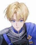  1boy b_etii belt blonde_hair blue_belt blue_cape blue_eyes cape chest_belt closed_mouth commentary_request curtained_hair dimitri_alexandre_blaiddyd fire_emblem fire_emblem:_three_houses frown garreg_mach_monastery_uniform highres korean_commentary male_focus parted_hair portrait sanpaku school_uniform short_hair side_cape simple_background solo white_background 