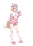  1girl animal_ear_fluff animal_ears bandaid bandaid_hair_ornament blonde_hair breasts bubblegumiiarts crop_top cropped_shirt dog_ears dog_girl dog_tail dolphin_shorts hair_ornament hand_up highres hololive hololive_english jacket mask mask_on_head mococo_abyssgard one_eye_closed open_mouth paw_print pink_jacket pink_shorts pink_streaks shirt short_hair shorts simple_background sleep_mask slippers small_breasts solo tail underboob virtual_youtuber white_background white_shirt x_hair_ornament yawning 