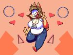 2021 anthro big_breasts blue_bottomwear blue_clothing blue_eyes blue_pants blush bottomwear breasts brown_hair buckteeth canid canine canis clothed clothed_anthro clothed_female clothing digital_drawing_(artwork) digital_media_(artwork) domestic_dog english_description english_text female full-length_portrait fur geometric_background gesture hair hand_gesture heart_symbol hi_res june_(jinu) mammal open_mouth open_smile pants pants_juice portrait shiba_inu shirt simple_background slightly_chubby slightly_chubby_anthro slightly_chubby_female smile solo spitz t-shirt tan_body tan_fur teeth text text_on_clothing text_on_t-shirt text_on_topwear topwear v_sign white_clothing white_shirt white_t-shirt white_topwear