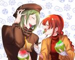  1boy 1girl absurdres arm_up bandaged_hand bandages beret brown_hat brown_jacket character_request check_character closed_eyes colored_tongue facing_another food fruit_cup green_tongue hand_on_own_head hat highres holding holding_spoon jacket long_sleeves monk_(sekaiju) monk_4_(sekaiju) nikki_kyousuke open_clothes open_jacket print_jacket profile red_shirt sekaiju_no_meikyuu shaved_ice shirt spoon star_(symbol) star_print tongue tongue_out upper_body white_background wooden_spoon zodiac_(sekaiju) zodiac_3_(sekaiju) 
