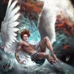  2boys abs absurdres angel angel_wings barefoot bug butterfly cloud dissolving fallen_angel fallen_angel_(painting) falling feathered_wings halo highres kartstudiodigi male_focus multiple_boys muscular muscular_male nipples no_pupils orange_hair shawl the_bible wings 