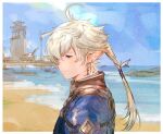  1boy alphinaud_leveilleur beach blue_eyes blue_jacket border closed_mouth collared_jacket elezen elf final_fantasy final_fantasy_xiv hair_between_eyes hair_ribbon highres hutaba_0718 jacket light_rays lighthouse long_pointy_ears male_focus ocean outdoors outside_border parted_bangs pier pointy_ears ponytail popped_collar ribbon sky smile solo sunbeam sunlight upper_body water white_border white_hair 