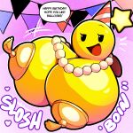 angstrom beaded_jewelry beaded_necklace beads big_breasts breasts clothing english_text exclamation_point female hat headgear headwear hi_res huge_breasts hyper hyper_breasts jewelry mario_and_luigi_(series) mario_bros necklace nintendo not_furry onomatopoeia open_mouth party_hat pasties solo sound_effects speech_bubble star_sprite starlow text yellow_body