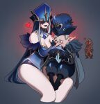  1girl 1other 2boys bare_shoulders black_fur black_lips blue_fur blue_gloves blue_hair blue_hat blush boots breasts broken_heart cleavage closed_eyes coat collarbone couple detached_collar elbow_gloves english_commentary eye_mask facial_hair fatui_coat fatui_pyro_agent_(genshin_impact) from_side fur_trim genshin_impact glasses gloves glowing grey_background grey_coat grey_hair hat heart height_difference hetero highres hood hood_up kiss kissing_hand large_breasts long_hair long_sleeves mask minimimaniac mirror_maiden_(genshin_impact) multicolored_hair multiple_boys mustache netorare old old_man pants parted_lips pointy_ears pulcinella_(genshin_impact) round_eyewear shade sitting sitting_on_person smile standing streaked_hair thick_thighs thighs 