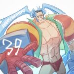  1boy 32soulll blue_hair chinese_commentary commentary_request eyewear_on_head franky_(one_piece) happy_birthday looking_at_viewer male_focus mixed-language_commentary numbered one_piece panties red_panties sideburns simple_background smile solo stitched_torso stitches underwear v-shaped_eyebrows white_background 