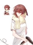  1girl =_= arknights brown_eyes brown_hair brown_tail chibi chinese_commentary closed_eyes closed_mouth commentary_request crownslayer_(arknights) drying drying_hair english_commentary hair_between_eyes hair_dryer highres holding holding_hair_dryer mixed-language_commentary motion_lines no_mouth no_nose partial_commentary shadow71580825 shirt short_hair short_sleeves simple_background solo tail towel towel_around_neck wet wet_hair wet_towel white_background white_shirt 