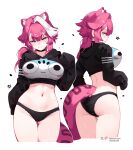  1girl absurdres alternate_costume animal_ears ass ass_visible_through_thighs black_choker black_hoodie black_lace_trim black_panties breasts cat_ears cat_girl cat_tail center-flap_bangs character_print chattino_(raora_panthera) choker closed_mouth commentary cropped_hoodie cropped_legs english_commentary extra_ears highres hololive hololive_english hood hoodie lace-trimmed_panties lace_trim large_breasts long_hair long_sleeves looking_at_viewer median_furrow multicolored_hair multiple_views namiorii navel no_pants panther_ears panther_girl panther_tail panties patreon_username pink_hair print_hoodie raora_panthera simple_background smile stomach streaked_hair tail thigh_gap thighs twitter_username underwear virtual_youtuber white_background white_hair yellow_eyes 