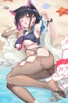  1boy 1girl absurdres animal animal_ears ascot beach black_hair black_pantyhose blue_archive blue_shirt blush breasts cat_ears cat_girl colored_inner_animal_ears colored_inner_hair cropped_shirt doodle_sensei_(blue_archive) extra_ears fang fish green_sailor_collar highres holding holding_animal holding_fish kazusa_(blue_archive) lazgear lying multicolored_hair no_pants no_shoes on_side open_mouth pantyhose pink_ascot pink_hair sailor_collar sensei_(blue_archive) shawl shirt short_hair sidelocks skin_fang sleeveless sleeveless_shirt two-tone_hair underboob water white_shawl 