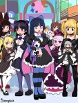  6+girls absurdres amane_misa black_dress black_hair black_thighhighs blonde_hair blunt_bangs boku_wa_tomodachi_ga_sukunai bongfill boots brown_hair date_a_live death_note dress fang food frilled_dress frilled_hairband frills garter_straps gate_-_jieitai_ka_no_chi_nite_kaku_tatakaeri gokou_ruri gothic_lolita hairband hasegawa_kobato heterochromia highres holding holding_food holding_stuffed_toy lolita_fashion long_hair looking_at_viewer mole mole_under_eye multiple_girls open_mouth ore_no_imouto_ga_konna_ni_kawaii_wake_ga_nai panty_&amp;_stocking_with_garterbelt purple_eyes red_eyes red_hairband rory_mercury rozen_maiden shalltear_bloodfallen smile spiked_legwear stocking_(psg) striped_clothes striped_thighhighs stuffed_toy suigintou thighhighs tokisaki_kurumi twintails 