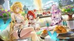  5girls :d absurdres aglaea_(honkai:_star_rail) apple arm_under_breasts bare_shoulders black_tiara blonde_hair blue_butterfly blue_eyes blush breasts bug butterfly castorice_(honkai:_star_rail) cleavage closed_mouth collarbone commentary cross-shaped_pupils day dress flower food fruit golden_apple green_butterfly green_eyes hair_between_eyes hair_flower hair_ornament hand_up highres holding honkai:_star_rail honkai_(series) large_breasts long_hair mata_hari_(be_shelved)_(fate) meoyo multiple_girls off-shoulder_dress off_shoulder open_mouth outdoors pointy_ears purple_eyes purple_flower purple_hair red_hair sitting smile symbol-shaped_pupils tiara trianne_(honkai:_star_rail) tribbie_(honkai:_star_rail) trinnon_(honkai:_star_rail) very_long_hair white_flower yellow_butterfly 