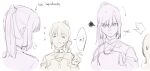  2girls :d ^_^ arrow_(symbol) closed_eyes closed_mouth commentary curled_fingers english_commentary english_text flying_sweatdrops food greyscale medium_hair monochrome multiple_girls onigiri open_mouth original ponytail porari shrug_(clothing) sidelocks sketch smile spoken_food squiggle v-shaped_eyebrows 