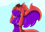 2014 anthro areola back_wings breasts brown_hair colored countershade_face countershade_neck countershade_scales countershade_torso countershade_wings countershading dragon eyeless female fox0808 glistening glistening_body goo_transformation hair membrane_(anatomy) membranous_wings mid_transformation mythological_creature mythological_scalie mythology navel nipples non-mammal_breasts non-mammal_navel non-mammal_nipples nude open_mouth purple_body purple_countershading red_body scales scalie simple_background snout solo standing tail three-quarter_view transformation ventral_scales wings
