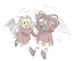  2girls ;d angel_and_devil aqua_neckerchief arm_behind_back arrow_(symbol) artist_name battery_indicator black_horns black_wings blonde_hair blue_eyes blue_hair blush brown_dress brown_hair brown_shoes chinese_text commentary_request curled_horns dated demon_girl demon_horns dress fallen_angel fang flying flying_sweatdrops fujishima_megumi full_body gradient_hair halo hasu_no_sora_school_uniform heart highres horns link!_like!_love_live! loafers long_hair long_sleeves looking_at_another love_live! mira-cra_park! multicolored_hair multiple_girls neckerchief one_eye_closed open_mouth osawa_rurino parted_bangs red_neckerchief sailor_collar sailor_dress school_uniform shoes signature simple_background smile socks sparkle speech_bubble traditional_halo translation_request twintails two_side_up virtual_youtuber white_background white_sailor_collar white_socks white_wings wings woodonly yellow_halo 