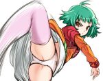  1girl bow bow_panties brown_eyes dress farah_oersted green_hair laco_soregashi looking_at_viewer orange_dress panties pink_thighhighs short_hair simple_background skirt solo tales_of_(series) tales_of_eternia thighhighs underwear white_background 