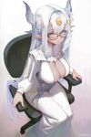  1girl absurdres artist_name black-framed_eyewear blue_eyes breasts chair chrisdasa cleavage cleavage_cutout clothing_cutout commentary crescent crescent_hair_ornament dragon_girl dragon_horns dress glasses grey_hair hair_ornament highres horns indie_virtual_youtuber long_hair long_sleeves looking_at_viewer multiple_horns office_chair parted_lips pointy_ears rumihime sidelocks sitting solo swivel_chair very_long_hair virtual_youtuber white_dress 
