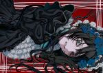  1girl ado_(utaite) aegyo_sal aishite_aishite_aishite_(vocaloid) black_dress black_gloves black_hair blue_eyes blue_flower blue_rose chando_(ado) clenched_teeth commentary dress flower frilled_dress frills gloves highres long_hair looking_at_viewer mole mole_under_eye open_mouth oyashirazu_(adochan_daisuki) rose solo sweatdrop teeth thorns utaite 