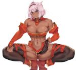  1girl abs absurdres animal_ears armor bandeau bikini_armor black_hairband black_panties blue_eyes boots breasts caenis_(fate) cleavage clothes_lift cosplay dark-skinned_female dark_skin deccatezu detached_sleeves fat_mons fate/grand_order fate_(series) hair_intakes hairband headpiece highres large_breasts lifting_own_clothes long_sleeves looking_at_viewer midriff mordred_(fate) mordred_(fate/apocrypha) mordred_(fate/apocrypha)_(cosplay) mordred_(third_ascension)_(fate) muscular muscular_female navel panties partially_visible_vulva pussy red_boots red_sleeves simple_background solo spread_legs stomach thick_thighs thighhighs thighs thong underwear wedgie white_background white_hair 