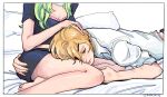  1boy 1girl arm_hair artist_name barefoot bed black_pants black_shirt black_shorts blonde_hair blue_eyes border breasts cleavage closed_mouth commentary dimitri_alexandre_blaiddyd dimitri_alexandre_blaiddyd_(timeskip) english_commentary female_byleth_(enlightened)_(fire_emblem) female_byleth_(fire_emblem) fire_emblem fire_emblem:_three_houses hand_on_another&#039;s_ass hand_on_another&#039;s_head hetero highres lap_pillow lying on_stomach pants parted_bangs photo-referenced pillow shirt short_sleeves shorts sitting sleeve_cuffs veroniikus wavy_hair white_shirt 