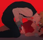  1boy 1girl black_suit bleeding blonde_hair blood blood_on_body blue_eyes blue_tongue blush brown_hair colored_tongue detached_collar from_side head_out_of_frame highres kneeling leaning_forward leotard looking_at_another lying mechanical_arms on_back on_ground open_mouth original par0llel red_leotard saliva saliva_trail slouching suit torn_clothes wrist_cuffs 
