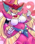  android arm_guards armor armored_dress berkana_(mega_man) blonde_hair blue_eyes bracer breastplate breasts chest_jewel covered_navel cuirass dress galacticonejos gem_hat_ornament gloves hair_over_shoulder happy_valentine hat headphones heart heart_bubbles helmet highres joints large_breasts light_blush lipstick long_dress long_hair looking_at_viewer makeup mechanical_arms mega_man_(series) mega_man_x_(series) mega_man_xtreme_2 pink_armor pink_dress pink_lips robot robot_girl robot_joints shoulder_armor shoulder_spikes signature spikes white_gloves wide_hips witch witch_hat 