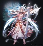  1boy barefoot english_text floating floating_object gem hero_cantare highres long_hair long_sleeves looking_at_viewer male_focus midair official_art open_mouth red_gemstone smile solo sword tower_of_god weapon white_(tower_of_god) white_eyes white_hair yagaaaa 