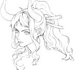  1girl closed_mouth dcdc_28h earrings greyscale hair_ornament horns jewelry monochrome one_piece ponytail sidelocks simple_background solo yamato_(one_piece) 