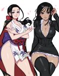  1girl black_dress black_hair blue_eyes blush blushyspicy boots cape dark-skinned_female dark_skin dress highres japanese_clothes kimono nico_robin one_piece thick_thighs thigh_boots thighs 