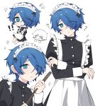  ! !! 1boy ? @_@ absurdres apron aqua_eyes black_dress blue_hair broom chibi chibi_inset crossdressing crossed_arms dress eyes_visible_through_hair flying_sweatdrops frown grey_background hair_over_one_eye highres holding holding_broom looking_at_viewer maid maid_apron maid_headdress male_focus male_maid milgram multiple_views open_mouth sakurai_haruka_(milgram) short_hair simple_background sparkle sweat wavy_mouth yingwux1 