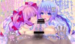  2girls bar_censor blue_eyes blue_hair blush breasts cape censored cleavage cooperative_fellatio fellatio ffm_threesome foreskin group_sex hair_ornament hair_ribbon holding_hands kaname_madoka looking_at_viewer mahou_shoujo_madoka_magica mahou_shoujo_madoka_magica_(anime) miki_sayaka multiple_girls on_bed open_mouth oral panties phimosis pink_eyes pink_hair ribbon rihito_akane short_hair smegma striped_clothes striped_panties teamwork_(sexual) threesome tongue tongue_out translation_request twintails underwear 