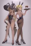  2girls absurdres alice_margatroid animal_ear_hairband animal_ears ass bare_shoulders black_leotard blonde_hair blue_eyes blush bow bowtie braid breasts cleavage covered_navel cup dedemaru detached_collar drinking_glass fake_animal_ears fake_tail fishnet_pantyhose fishnets from_behind green_bow grey_background hair_bow hairband hat hat_bow high_heels highleg highleg_leotard highres holding holding_plate kirisame_marisa large_hat leotard long_hair multiple_girls pantyhose plate playboy_bunny rabbit_ear_hairband rabbit_ears rabbit_tail simple_background single_braid strapless strapless_leotard tail touhou white_bow white_wrist_cuffs wine_glass witch_hat wrist_cuffs yellow_eyes 