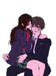  1boy 1girl black_hair blue_jacket blush business_suit commentary_request glasses hetero highres idolmaster idolmaster_shiny_colors jacket korean_commentary long_hair miniskirt mitsumine_yuika plaid_clothes plaid_skirt producer_(idolmaster) red_shirt shirt sitting sitting_on_lap sitting_on_person skirt striped_clothes striped_jacket suit vertical-striped_clothes vertical-striped_jacket white_background wingnai 